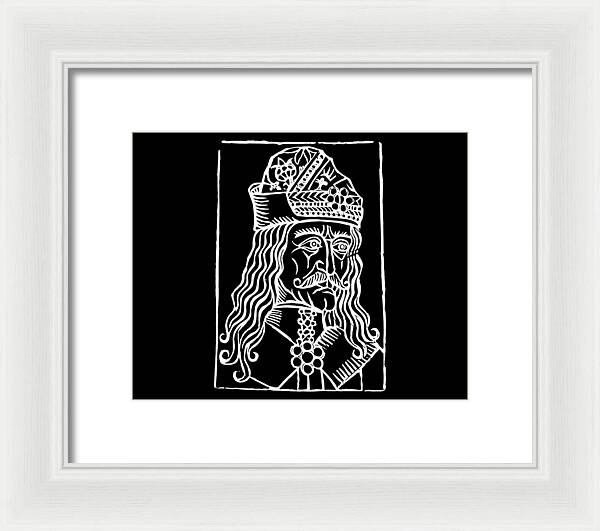 Framed print of Dracula woodcut portrait, white frame with black panel and white inner mat.