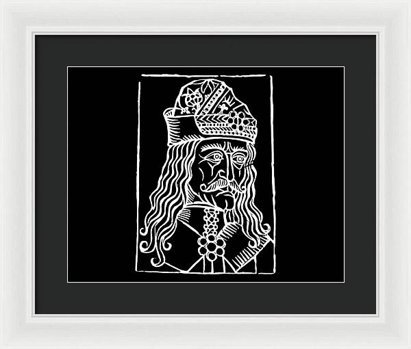 Framed woodcut print with white frame and dark mat, crowned Dracula portrait in white on black.