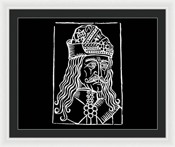 White framed print with black mat and white woodcut portrait of a crowned vampire on black.