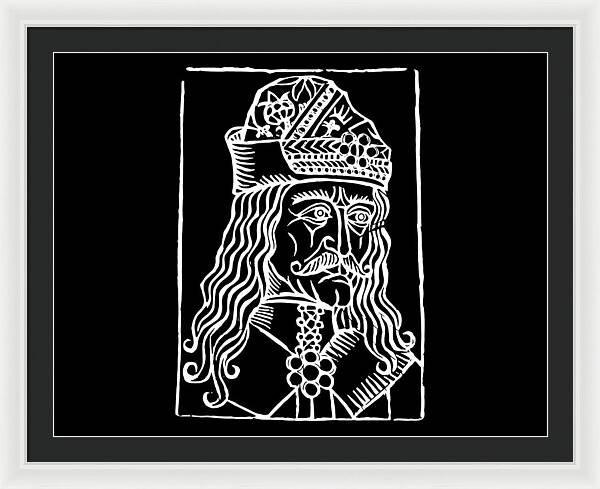 Framed print of Dracula woodcut portrait, light frame with black mat and white line art.