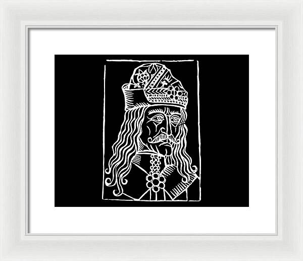 Framed woodcut portrait print of a crowned man, light frame with white mat.