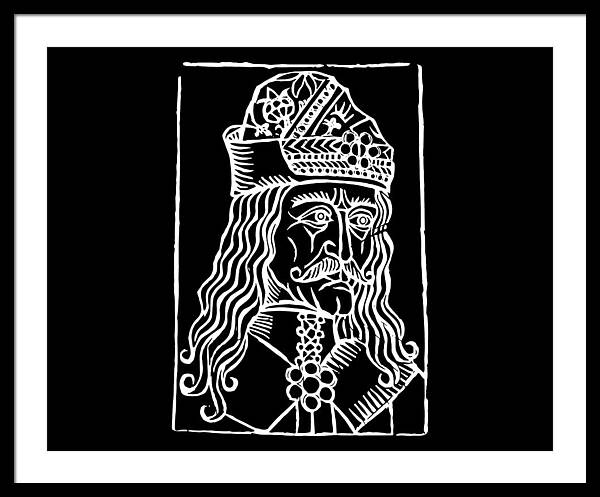 White framed print with white woodcut portrait of a crowned vampire on black background.