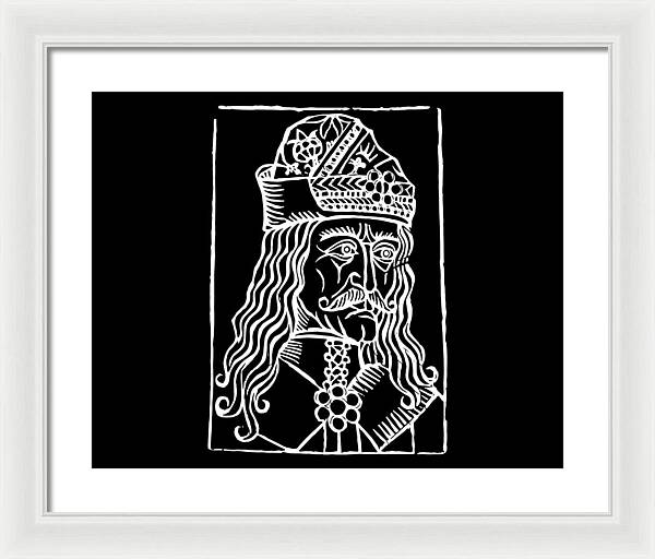 Framed woodcut print with white frame and light mat, crowned Dracula portrait in white on black.