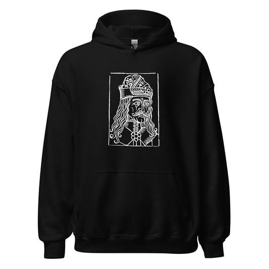 Unisex black hoodie with hood, kangaroo pocket, and white front graphic print.