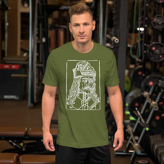 Olive T-shirt with a white front graphic of a crowned character