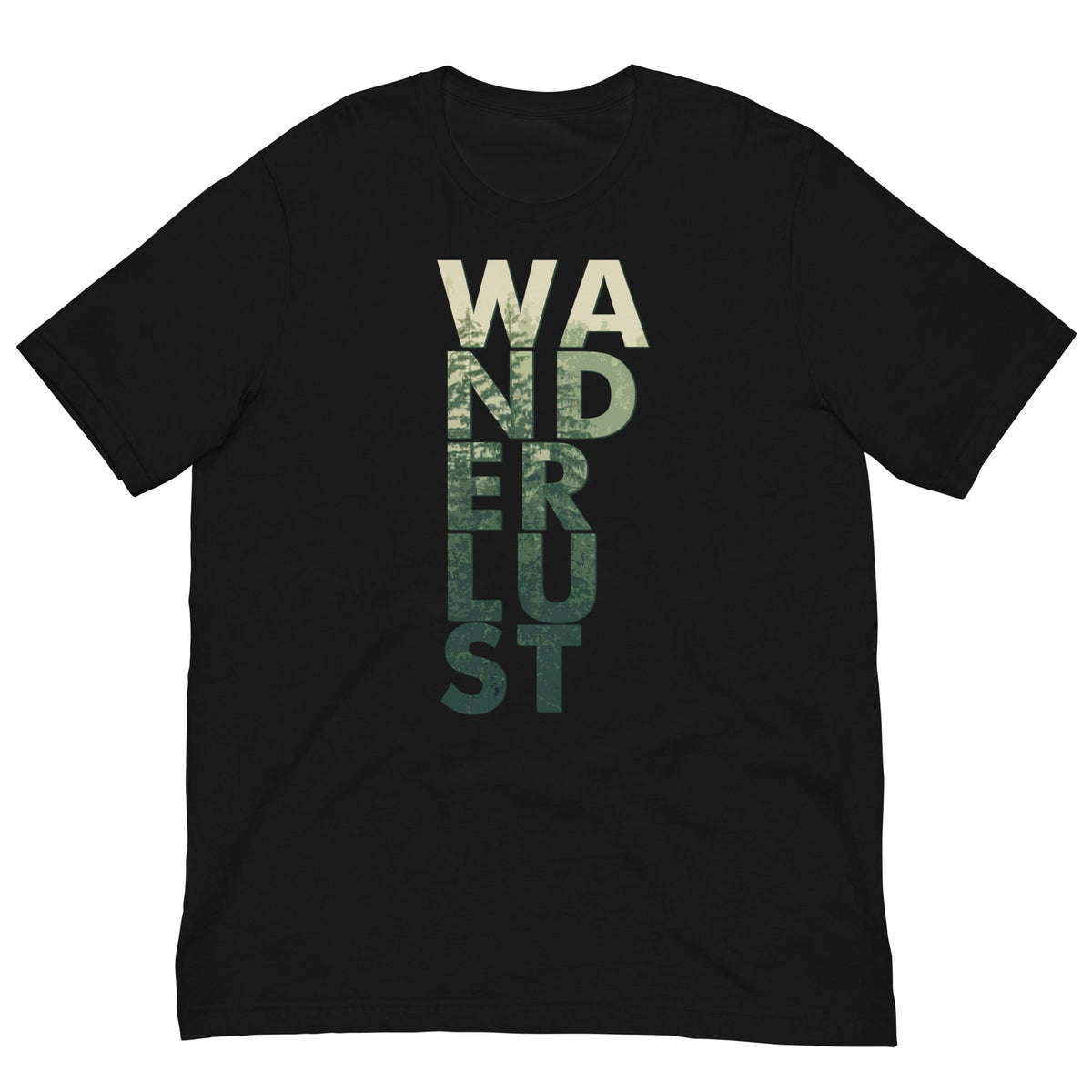Wanderlust graphic tee, black with vertical WANDERUST text print on the front