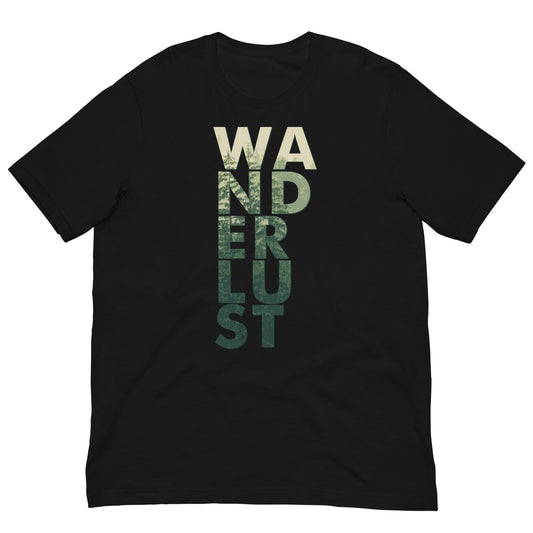 Wanderlust graphic tee, black with vertical WANDERUST text print on the front