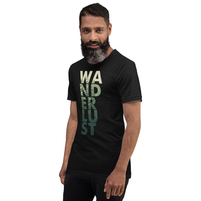 Wanderlust graphic tee, black with vertical WANDERUST text print on the front