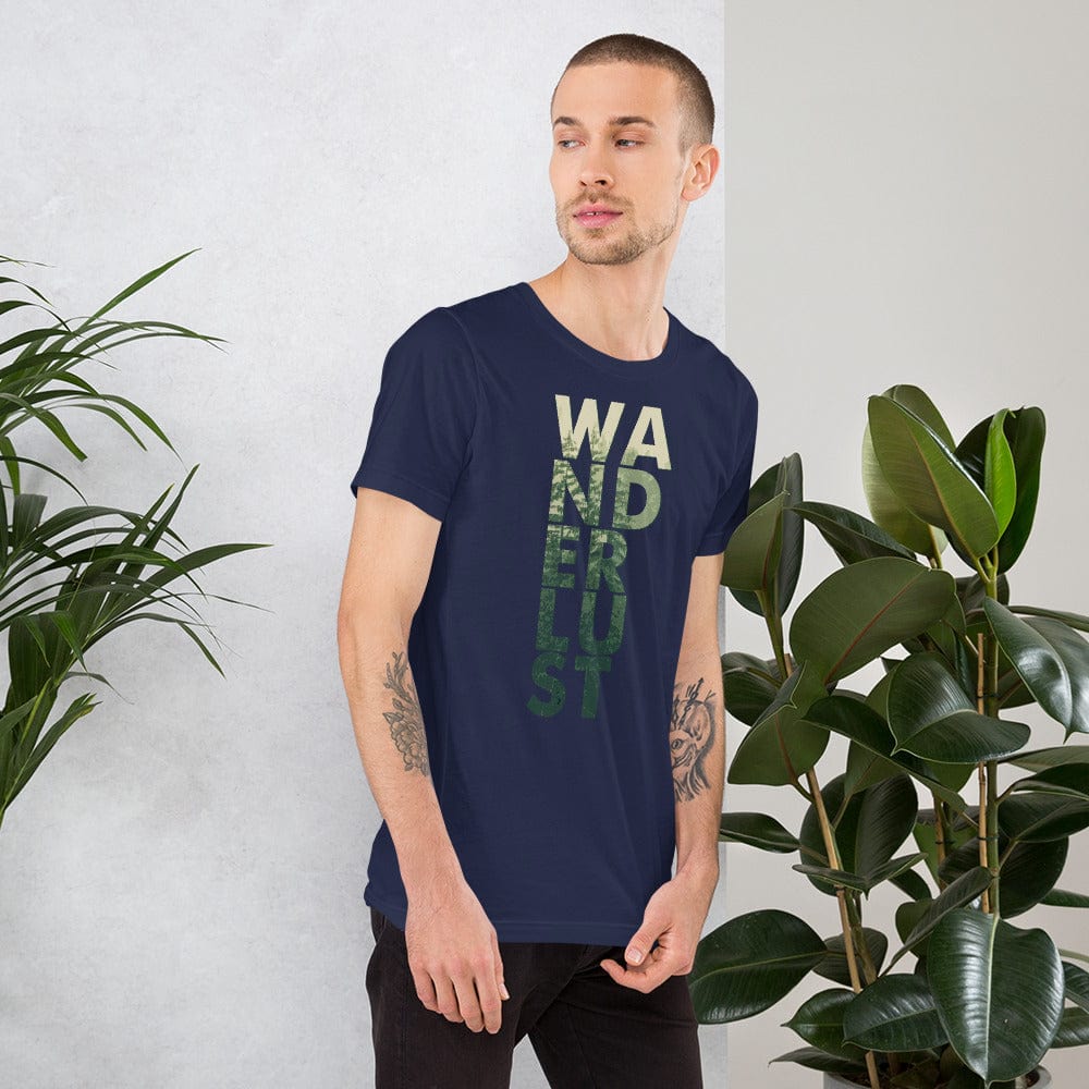 Wanderlust graphic tee, navy with vertical WANDERUST text print on the front