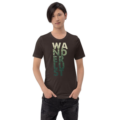 Black T-shirt with vertical "WANDERUST" graphic print on the front