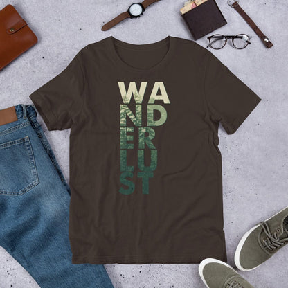 Wanderlust graphic tee, brown with vertical WANDERUST text print on the front