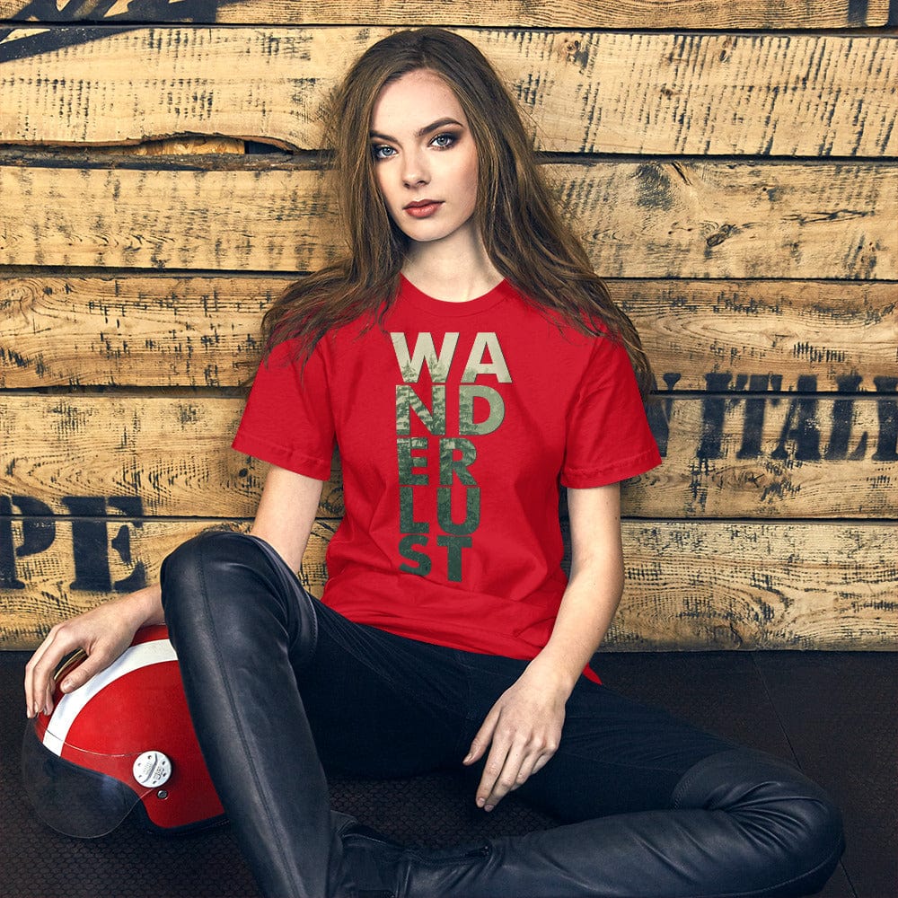 Wanderlust graphic tee, red with vertical WANDERUST text print on the front