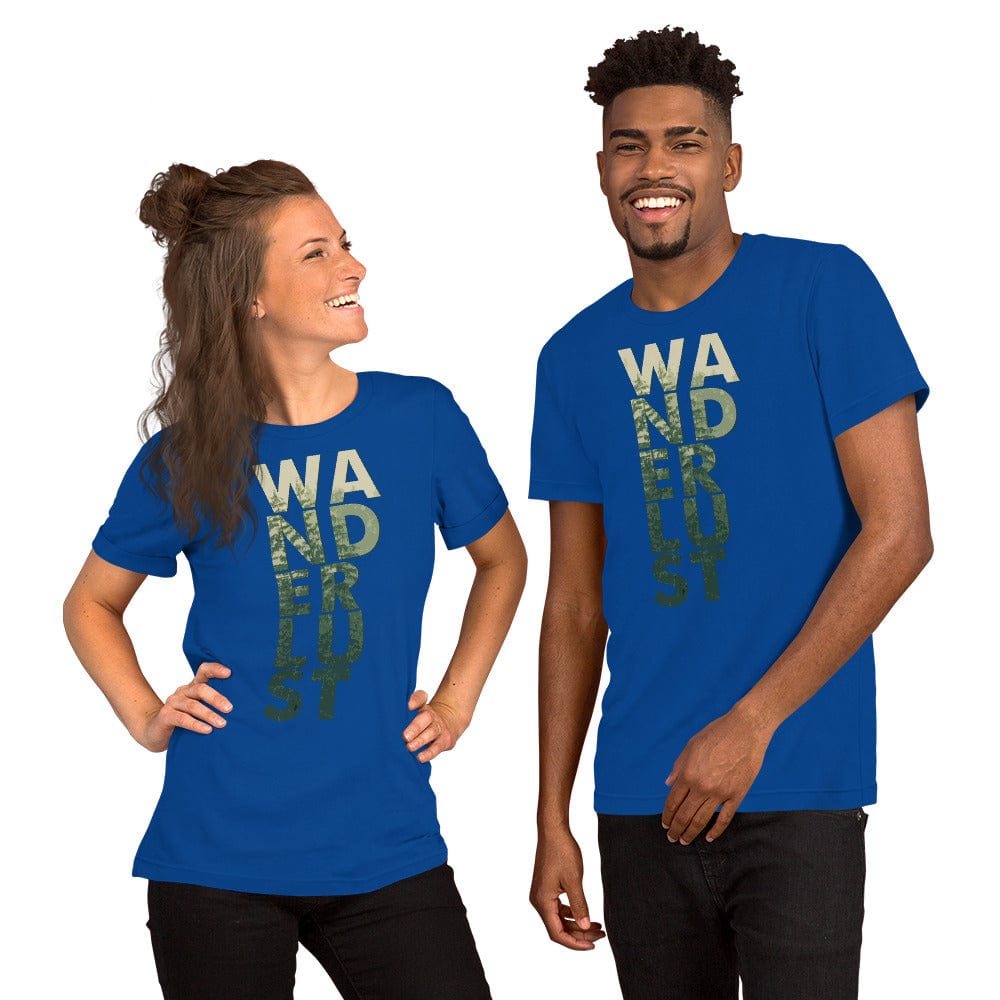 Wanderlust graphic tee, royal blue with vertical WANDERUST text print on the front