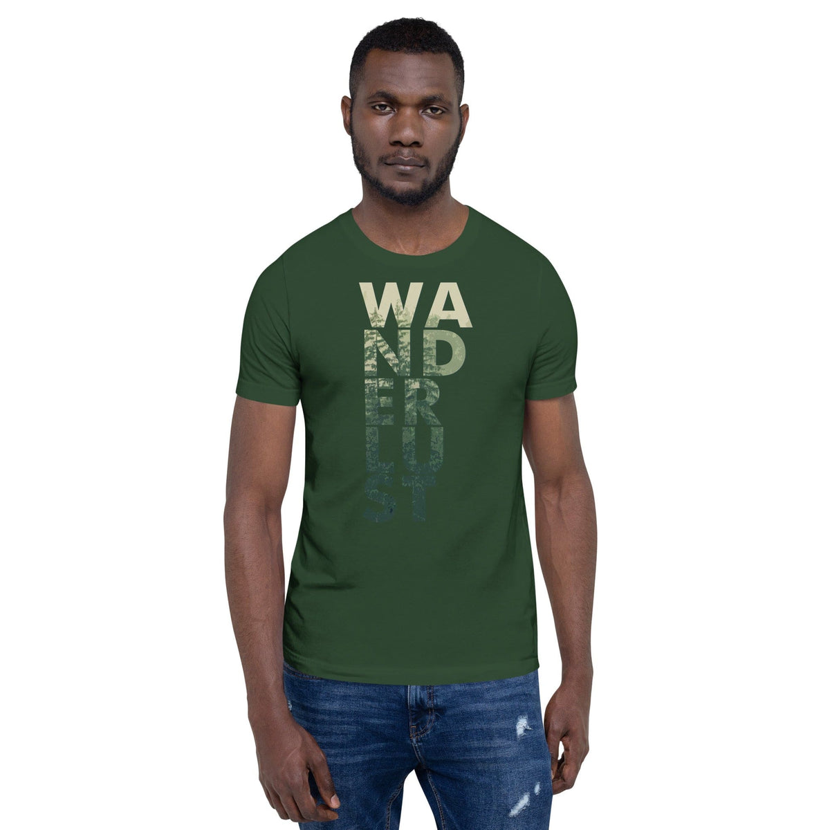 Wanderlust graphic tee, dark green with vertical WANDERUST text print on the front
