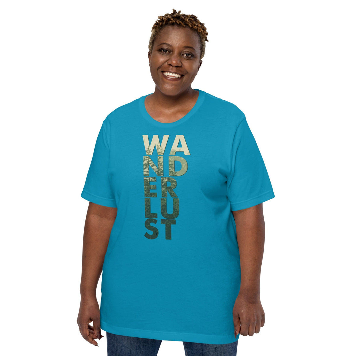 Wanderlust graphic tee, teal with vertical WANDERUST text print on the front