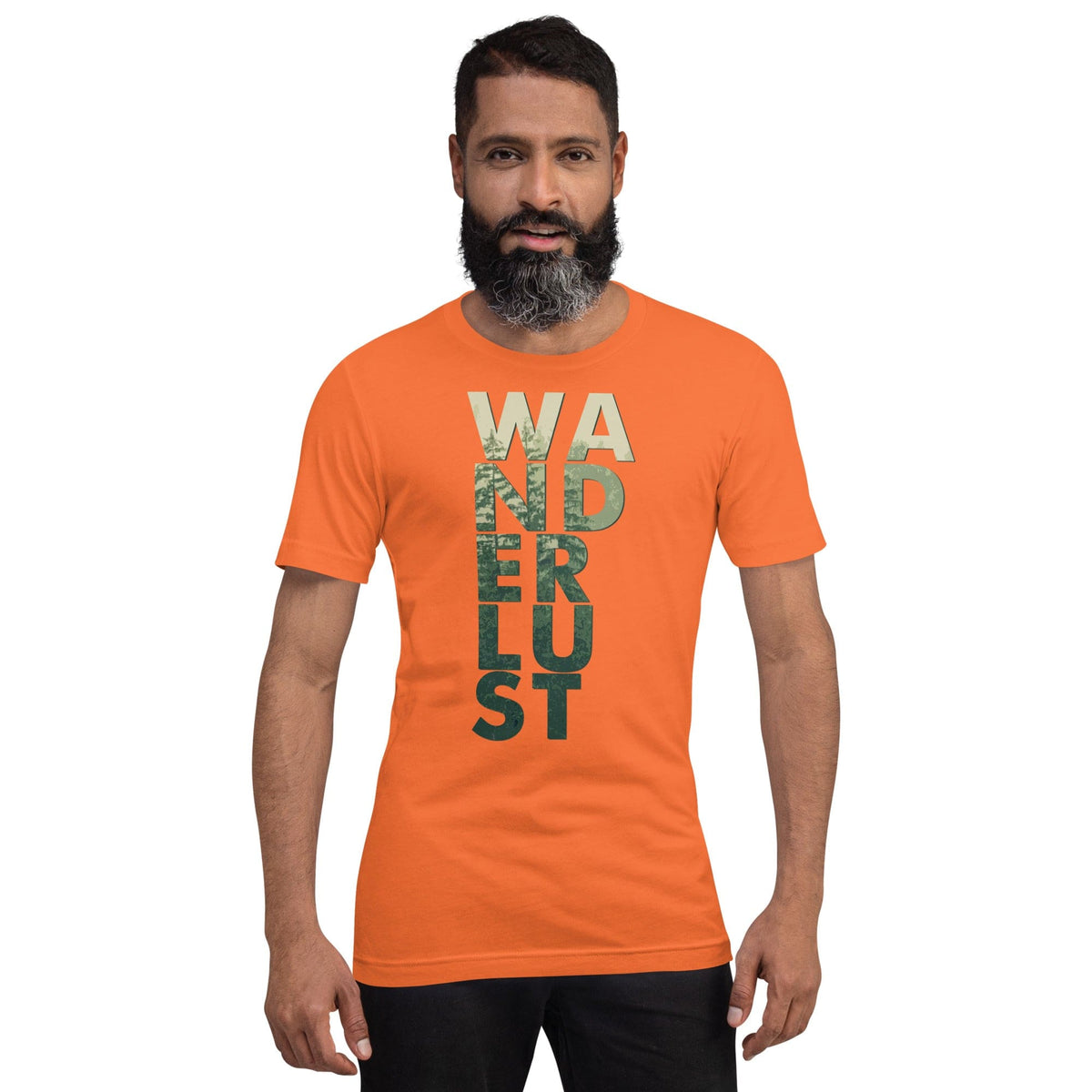 Wanderlust graphic tee, orange with vertical WANDERUST text print on the front