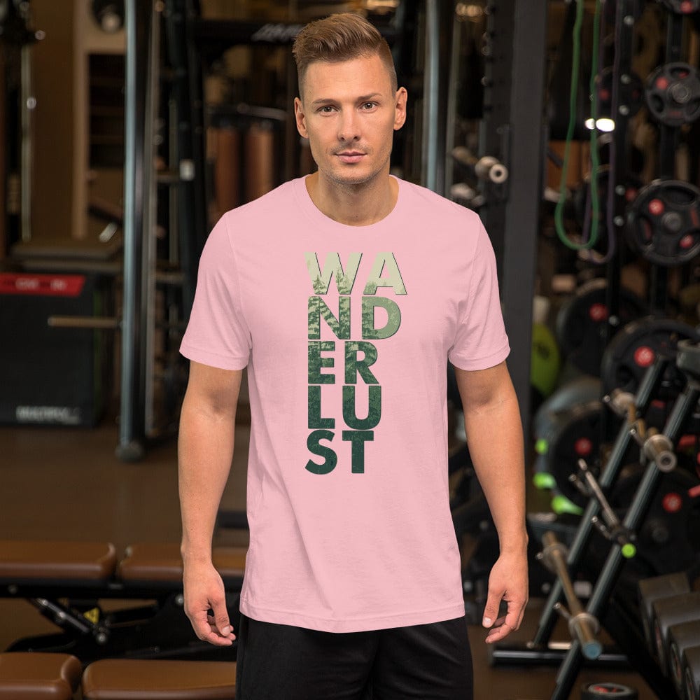 Wanderlust graphic tee, pink with vertical WANDERUST text print on the front