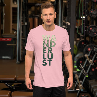 Wanderlust graphic tee, pink with vertical WANDERUST text print on the front