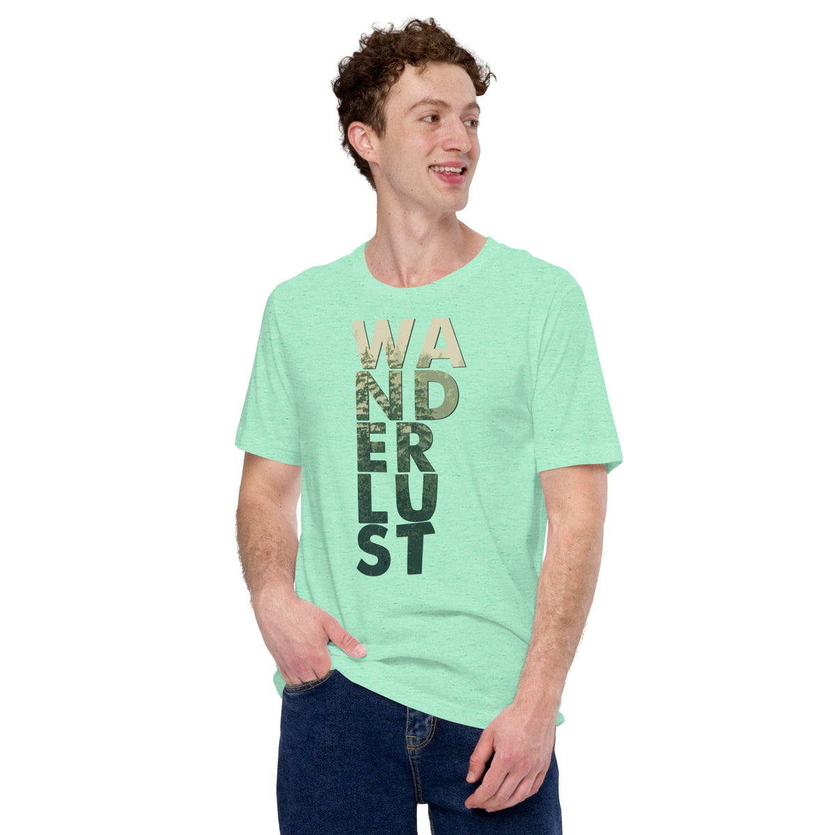 Mint green T-shirt with vertical "WANDERUST" graphic print on the front