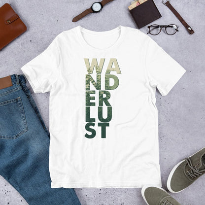 White T-shirt with vertical "WANDERUST" graphic print on the front