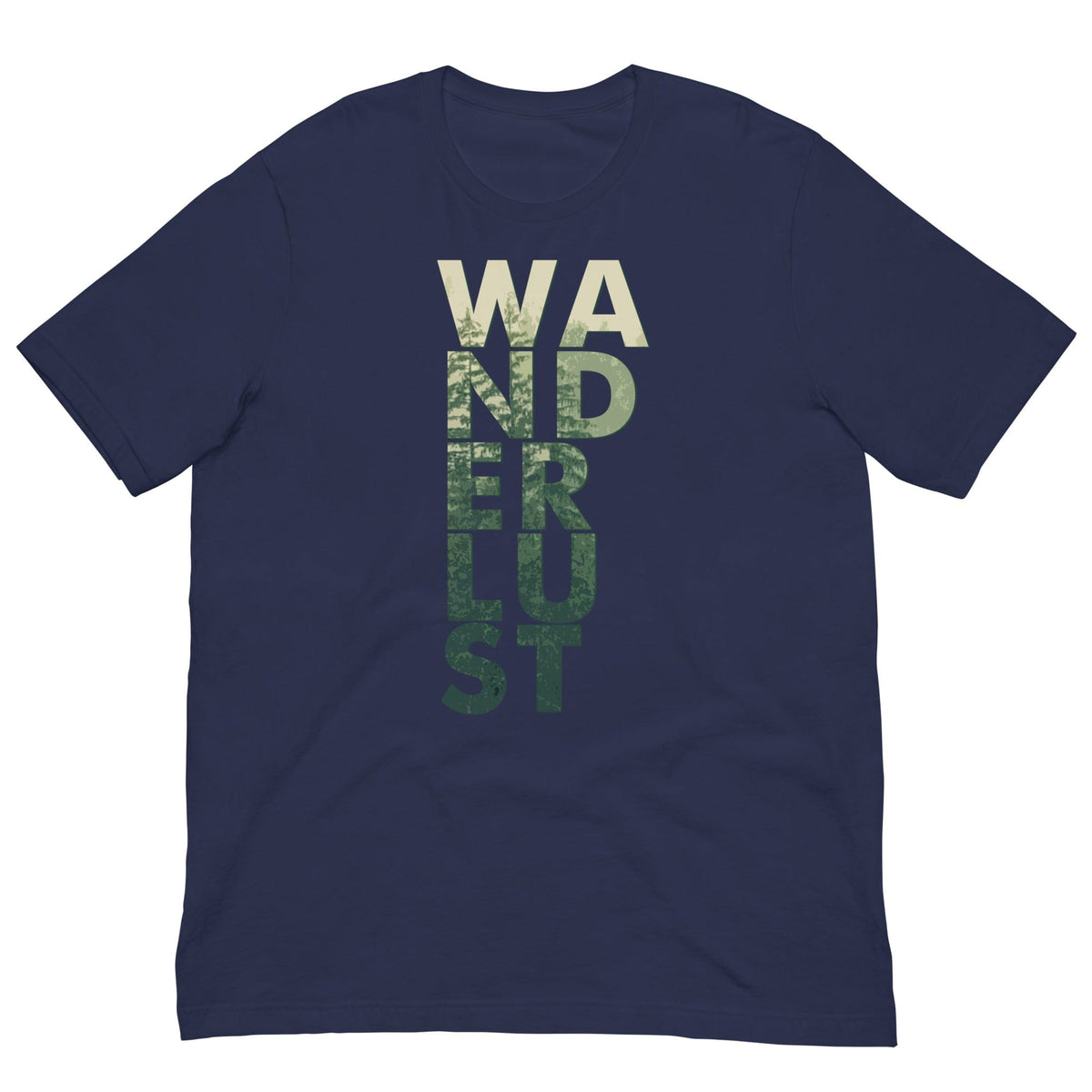 Navy T-shirt with vertical "WANDERUST" graphic print on the front