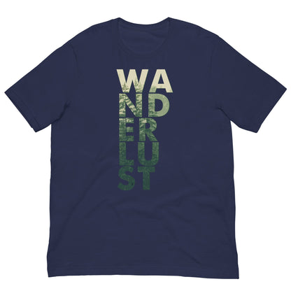 Navy T-shirt with vertical "WANDERUST" graphic print on the front