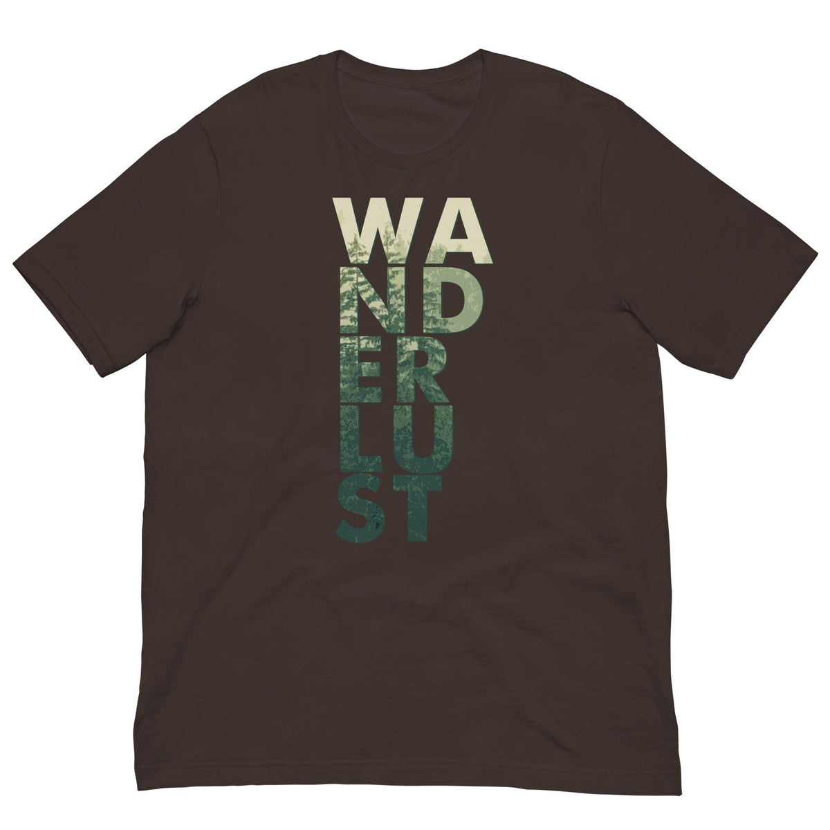 Brown T-shirt with vertical "WANDERUST" graphic print on the front