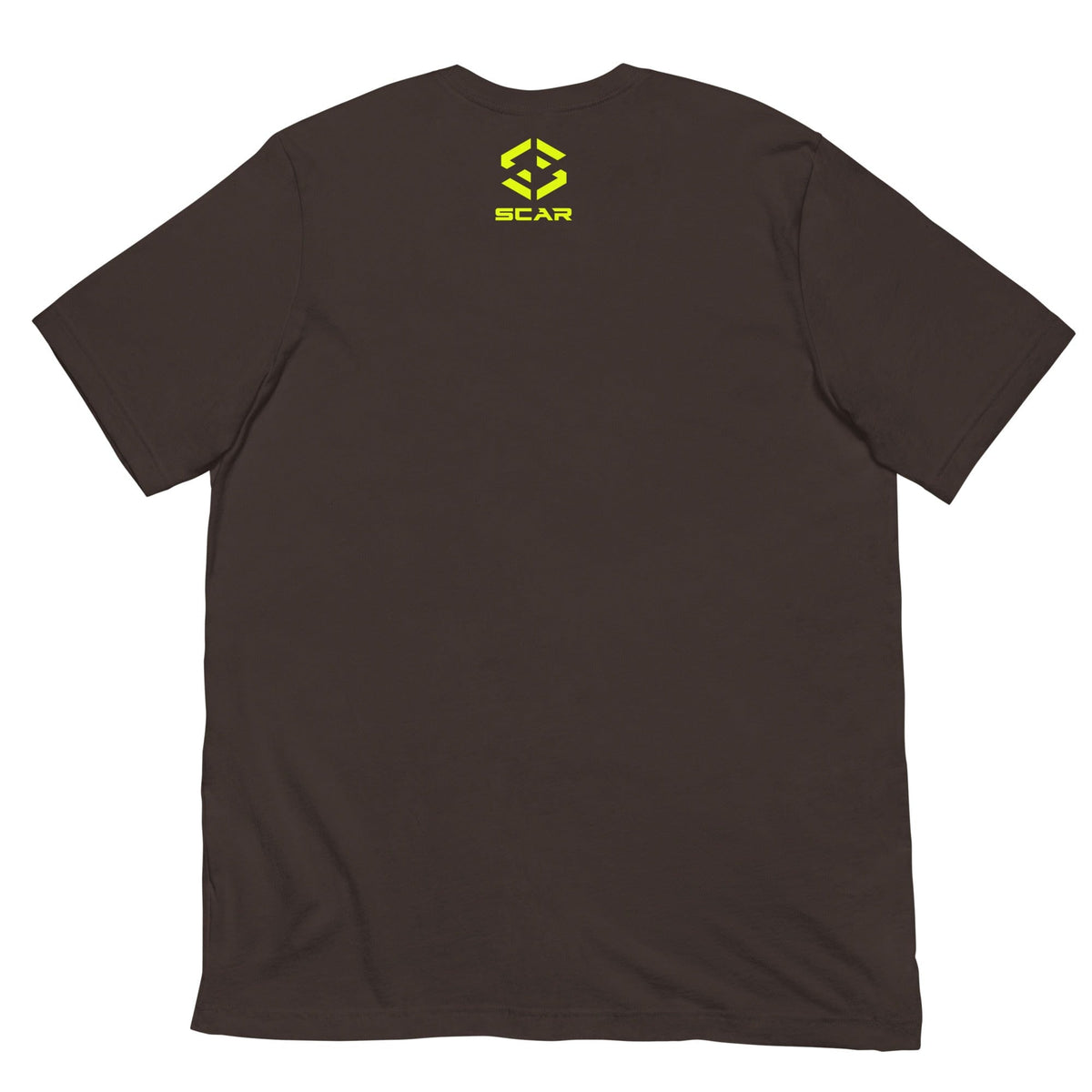 Brown T-shirt with small "SCAR" logo on the back