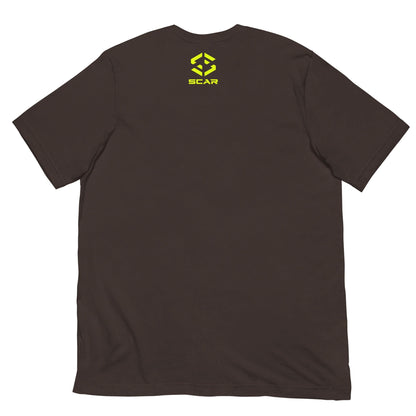 Brown T-shirt with small "SCAR" logo on the back