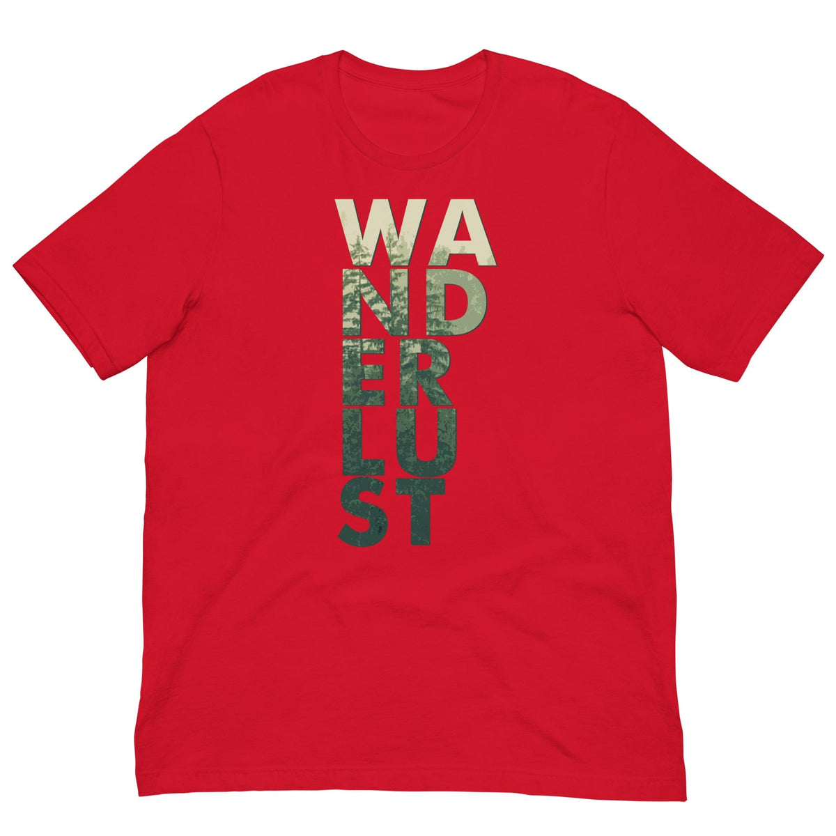 Red T-shirt with vertical "WANDERUST" graphic print on the front