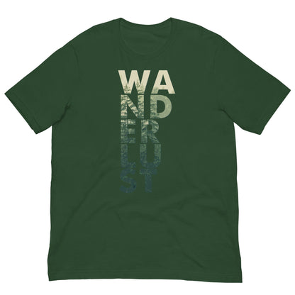 Wanderlust T-shirt in dark green with "WANDERUST" front graphic in beige and teal