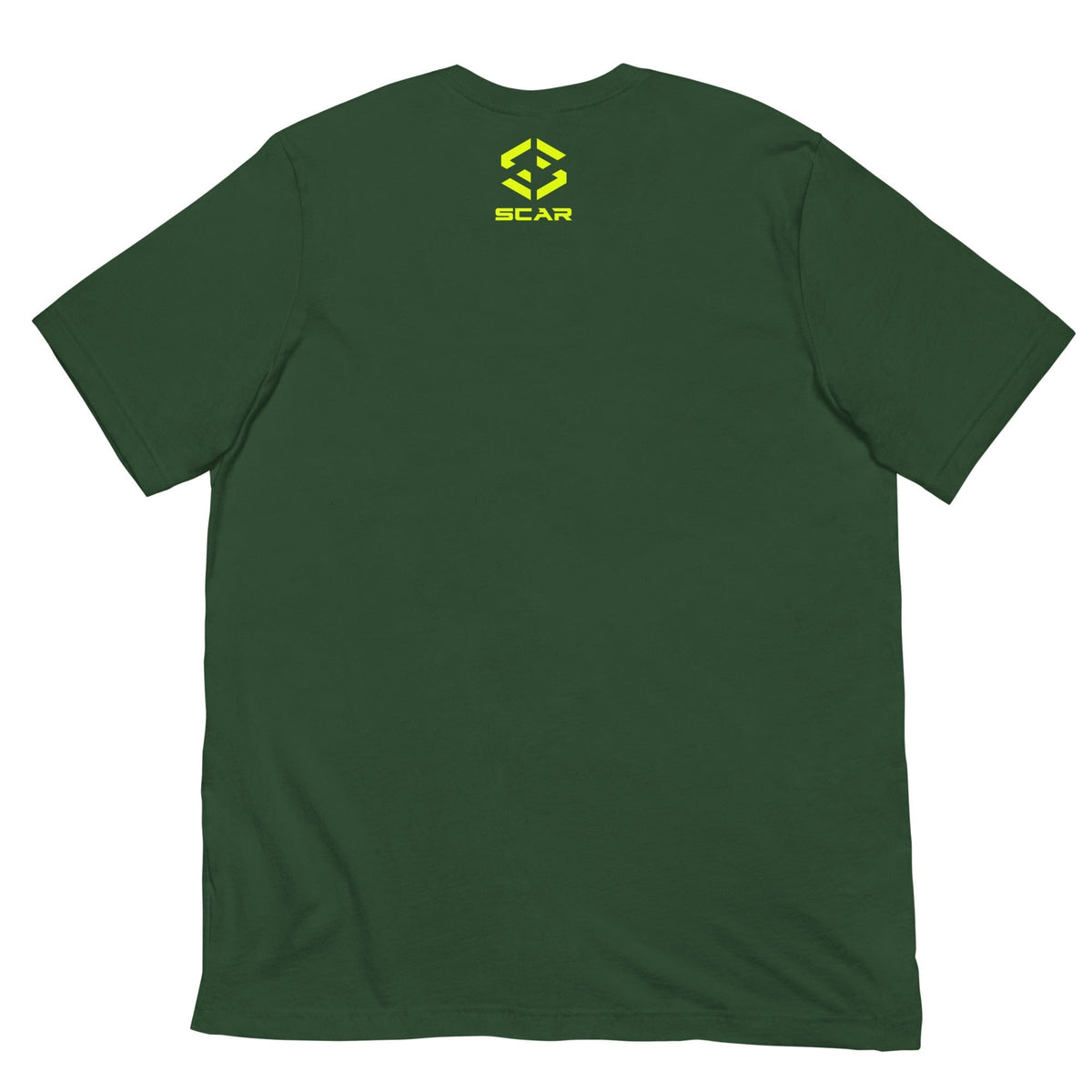 Wanderlust T-shirt in dark green with small yellow SCAR logo on back