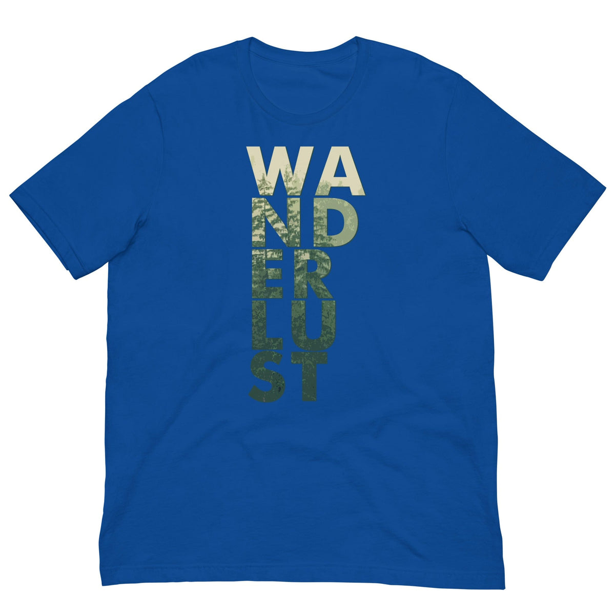 Wanderlust T-shirt in royal blue with "WANDERUST" front graphic in beige and green