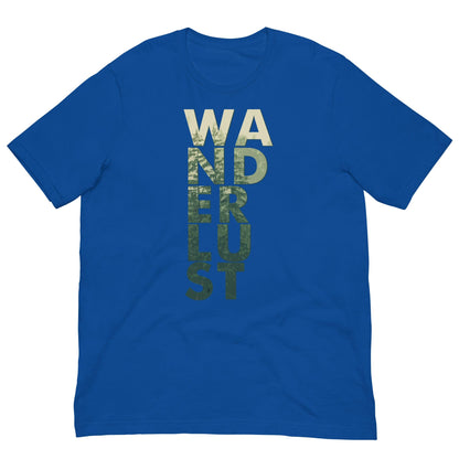 Wanderlust T-shirt in royal blue with "WANDERUST" front graphic in beige and green