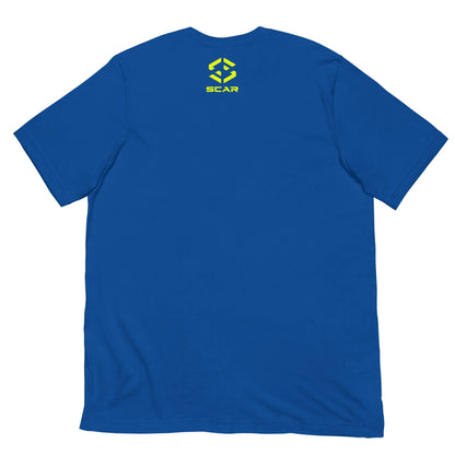 Wanderlust T-shirt in royal blue with small yellow SCAR logo on back