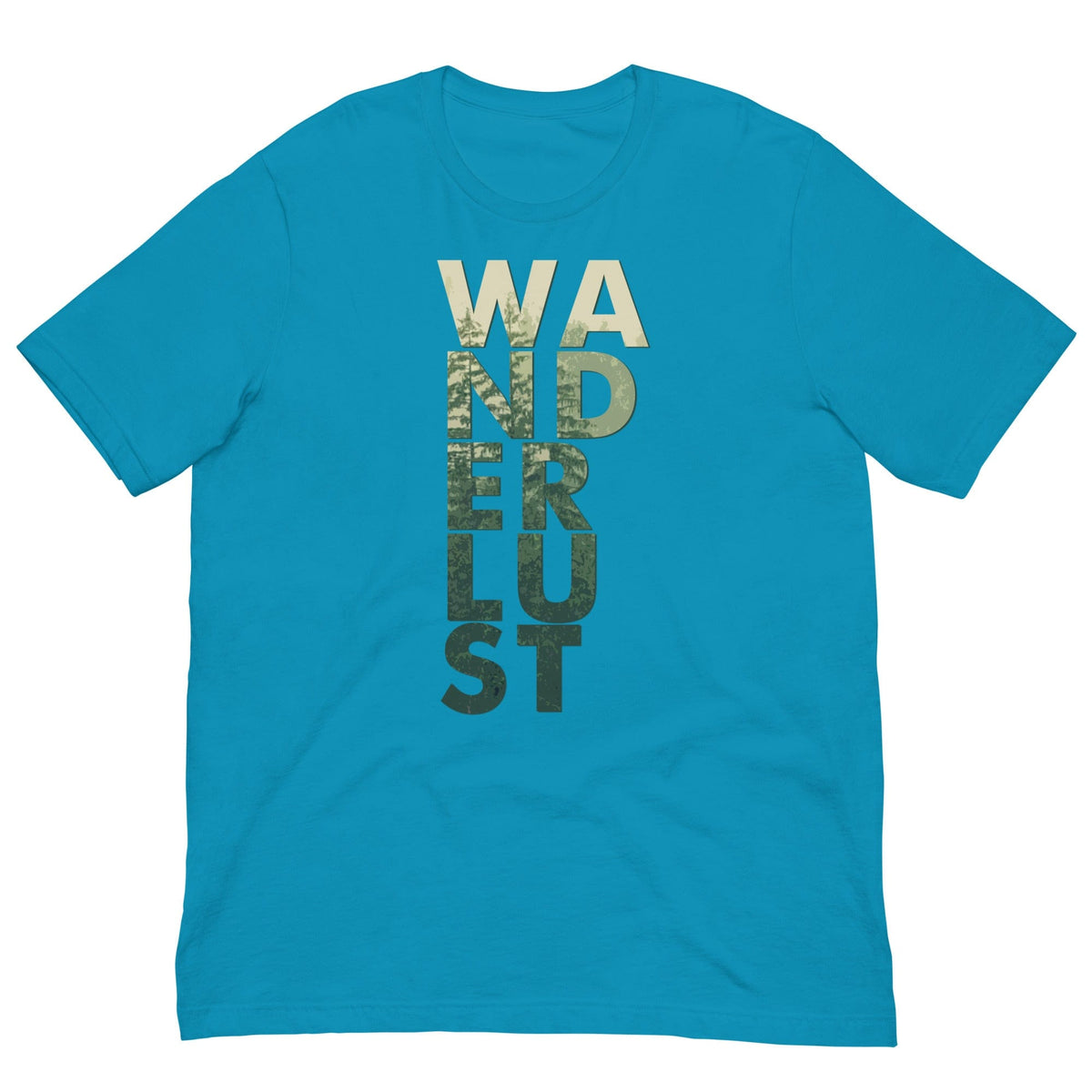 Wanderlust T-shirt in turquoise blue with "WANDERUST" front graphic in beige and green