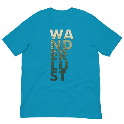 Wanderlust T-shirt in turquoise blue with "WANDERUST" front graphic in beige and green