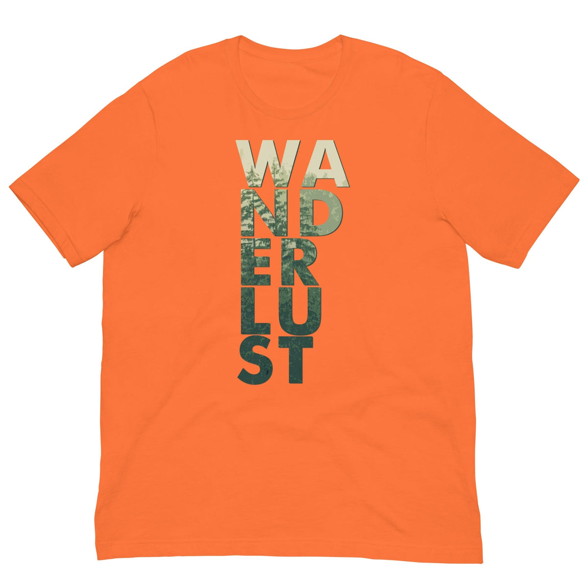 Wanderlust T-shirt in orange with "WANDERUST" front graphic in beige and dark green