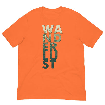 Wanderlust T-shirt in orange with "WANDERUST" front graphic in beige and dark green