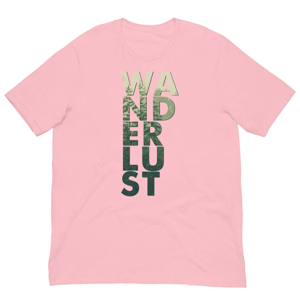 Wanderlust T-shirt in light pink with "WANDERUST" front graphic in beige and green