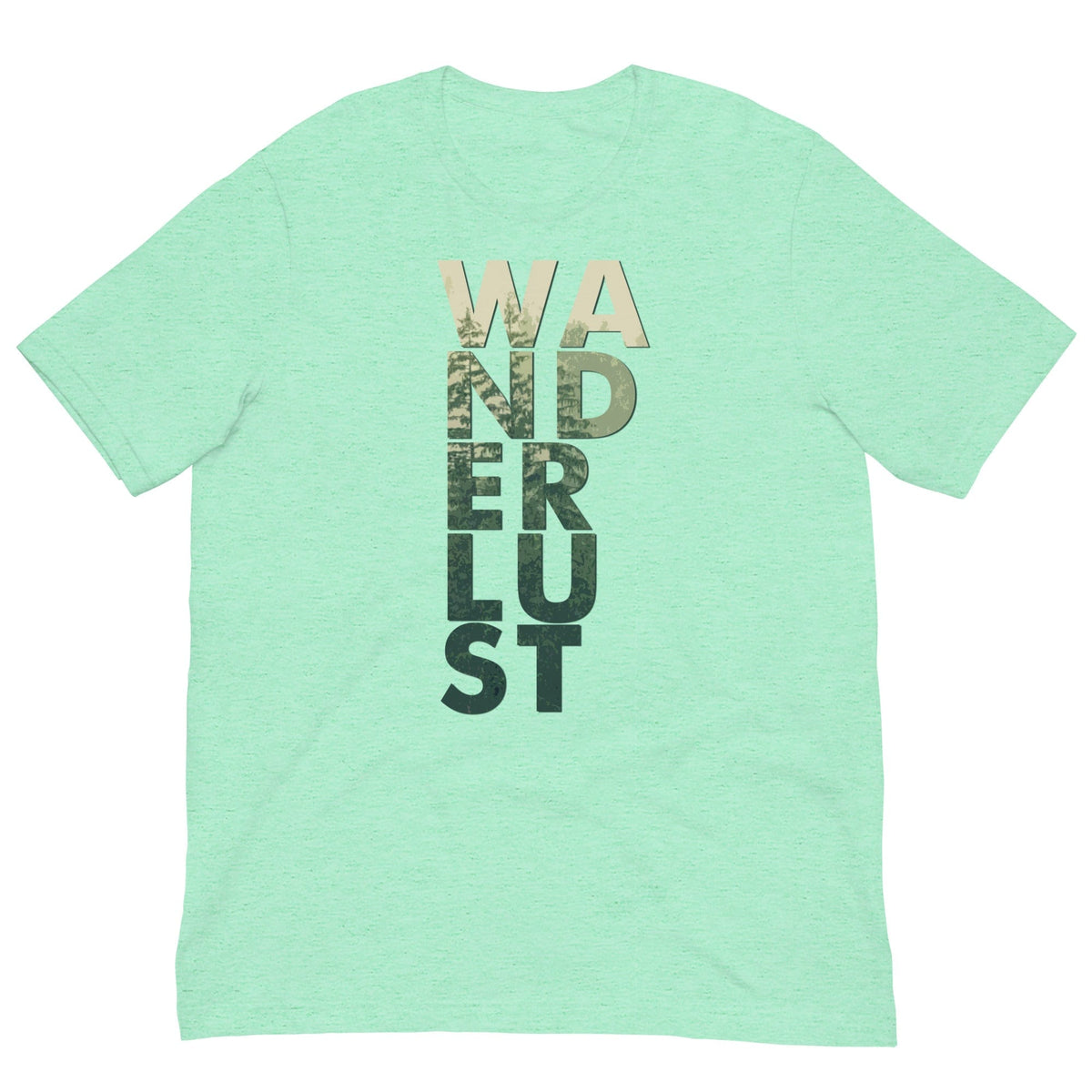 Mint green crew-neck T-shirt with large stacked front text graphic