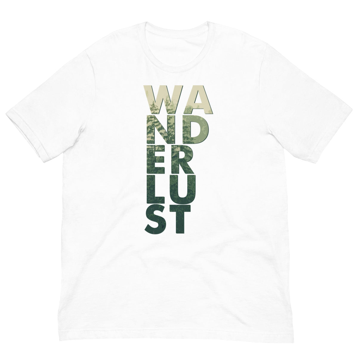 White crew-neck T-shirt with large stacked front text graphic