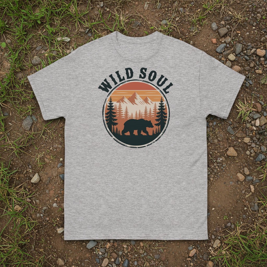 Bear camping graphic t-shirt, heather gray crew neck with circular Wild Soul logo