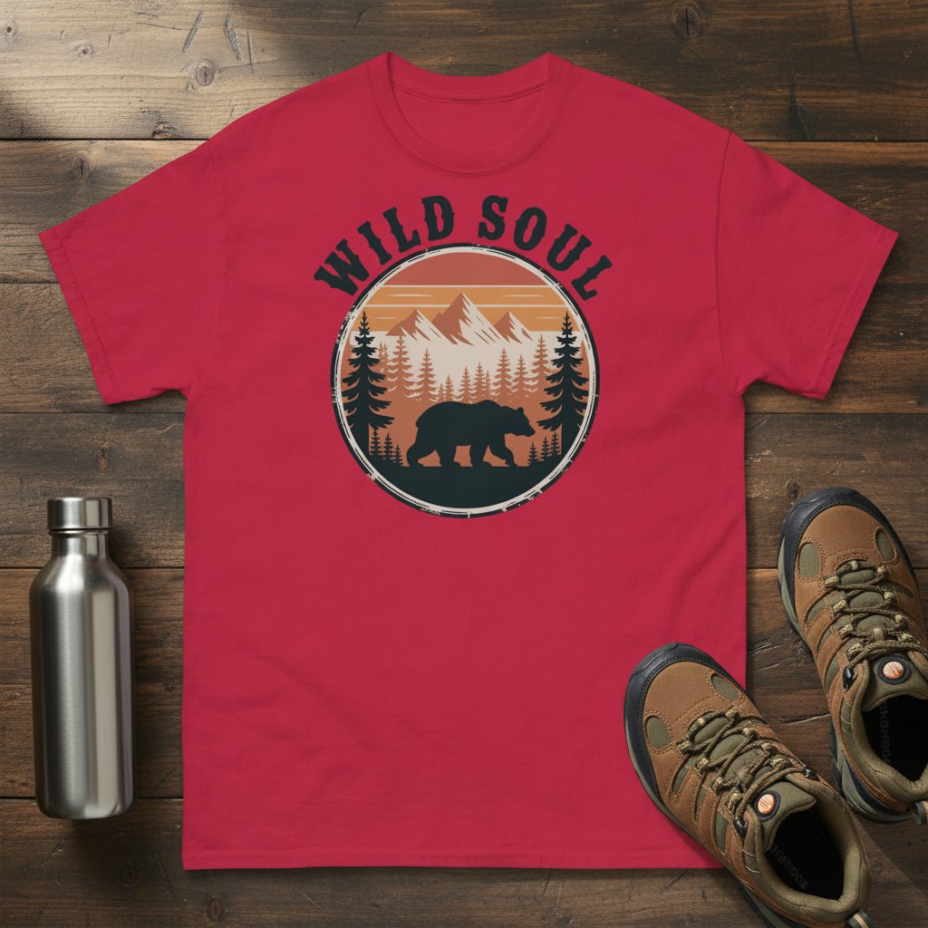 Bear camping graphic t-shirt, red crew neck with circular Wild Soul logo