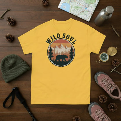 Bear camping graphic t-shirt, yellow crew neck with circular Wild Soul logo