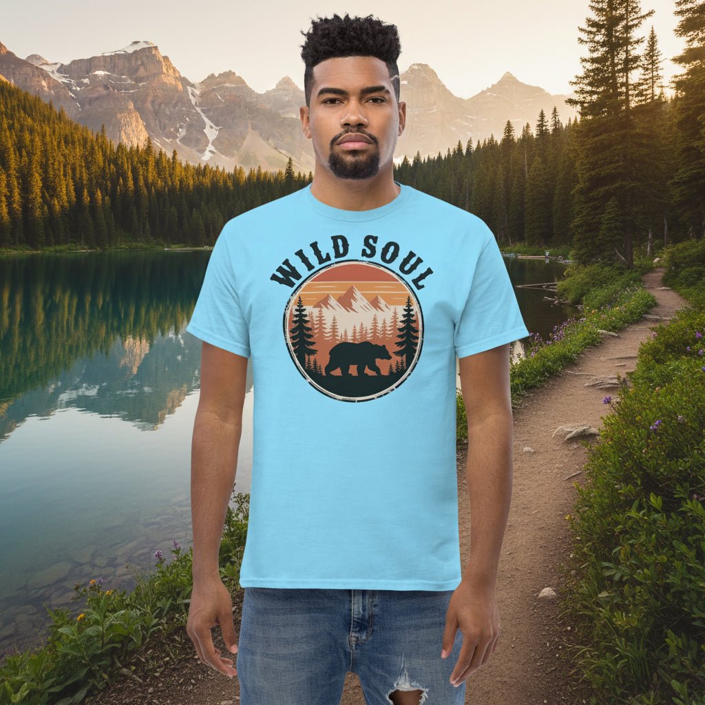Light blue T-shirt with Wild Soul bear camping badge graphic