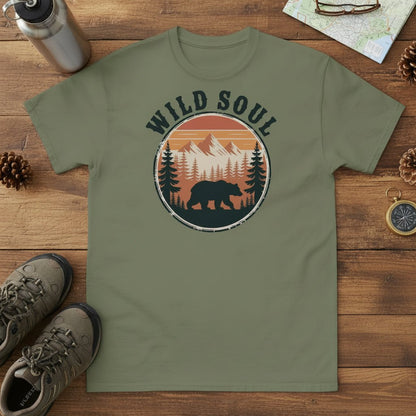 Bear camping graphic t-shirt, green crew neck with circular Wild Soul logo