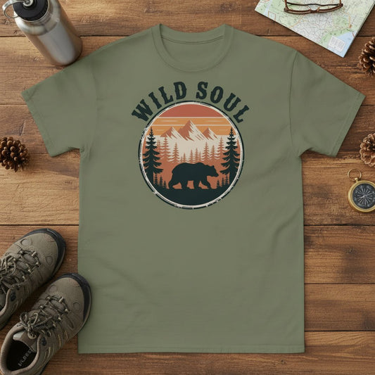 Bear camping graphic t-shirt, green crew neck with circular Wild Soul logo