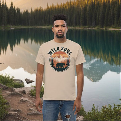 Men's beige T-shirt with Wild Soul bear camping badge graphic