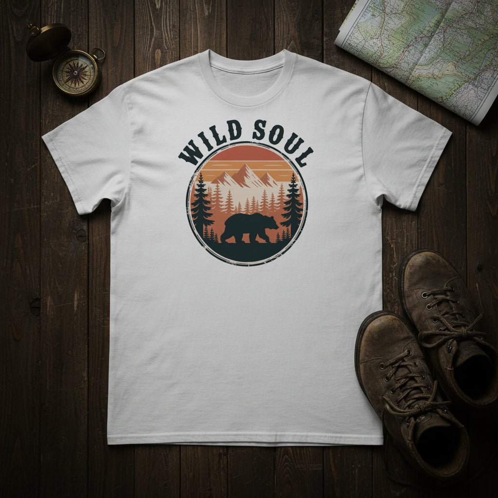 White crewneck T-shirt with Wild Soul bear camping badge graphic
